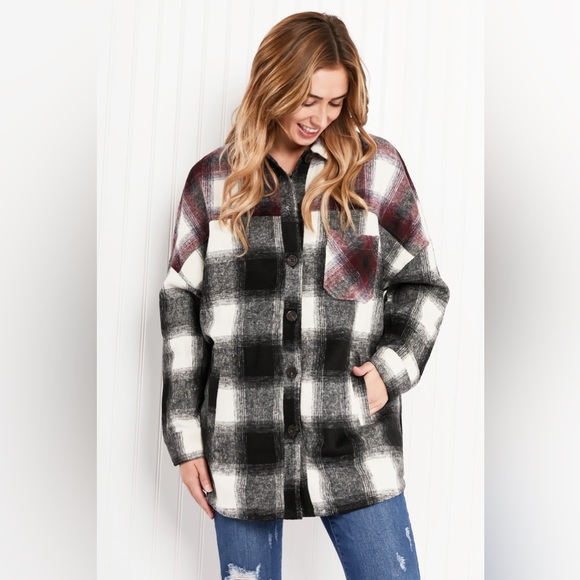 Colors of Autumn Full Size Plaid Shacket in Black/Burgundy - Picture 3 of 10